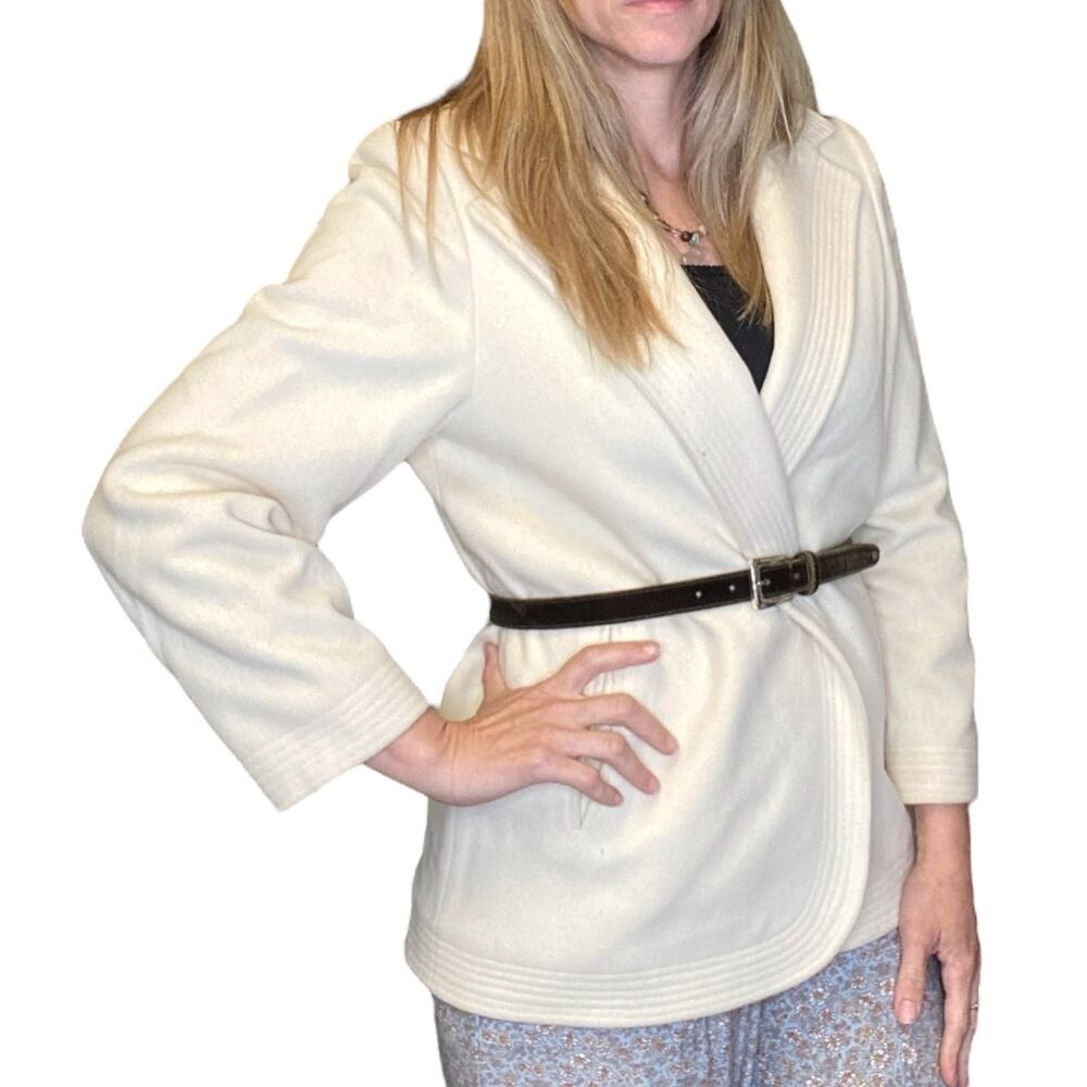Vtg 60s Judi Rich Cream Wool Coat M Minimalist Shawl Collar Union Made Jacket